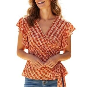 Max Studio NEW Wrap Top Womens Medium Orange Floral Ruffle Sleeve Blouse NWT
